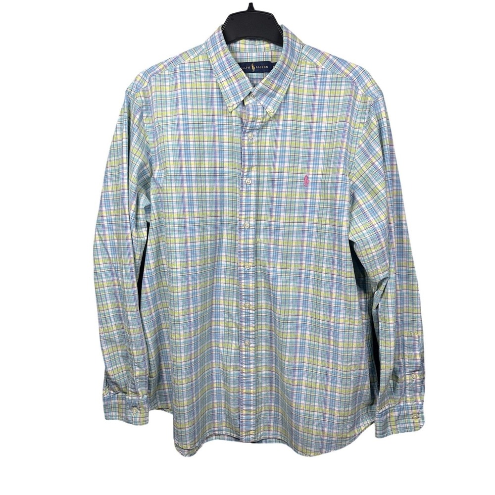 Ralph Lauren Plaid Button Down Shirt‎ Mens XXL Blue Green Pink Long Sleeve Pony